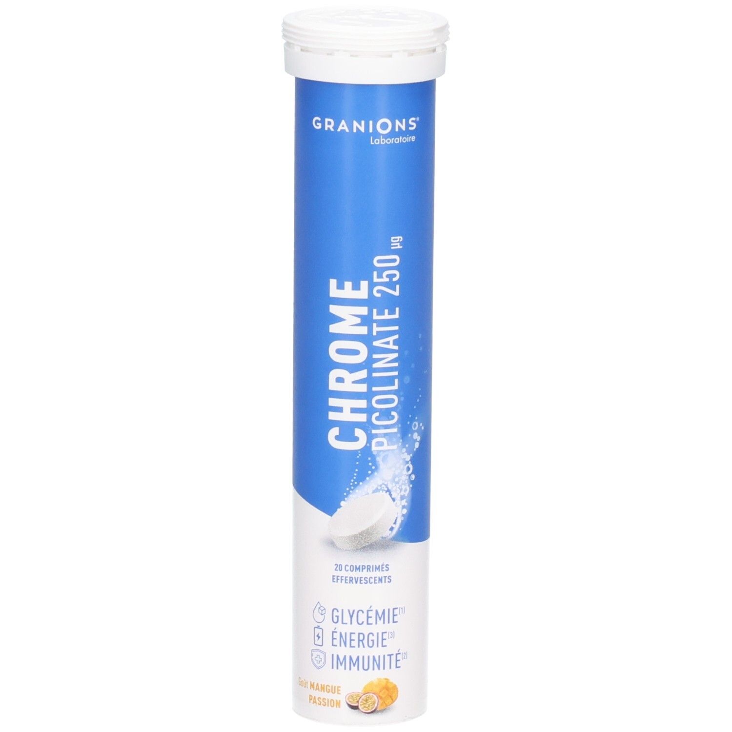 Granions Chrome Picolinate 250µg Tube de comprimés effervescents. Contient 20 comprimés. Pour glycémie, énergie, immunité.