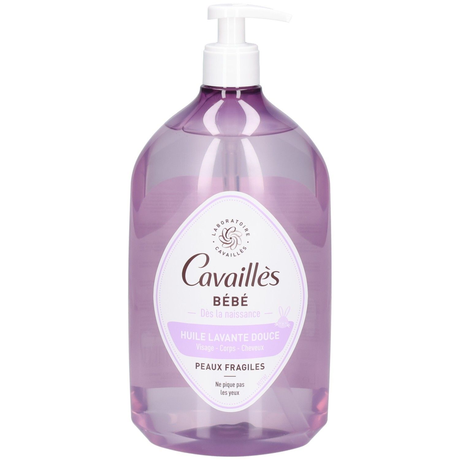 Flacon pompe contenant un liquide violet. Étiquette "Cavaillès Bébé Huile Lavante Douce".