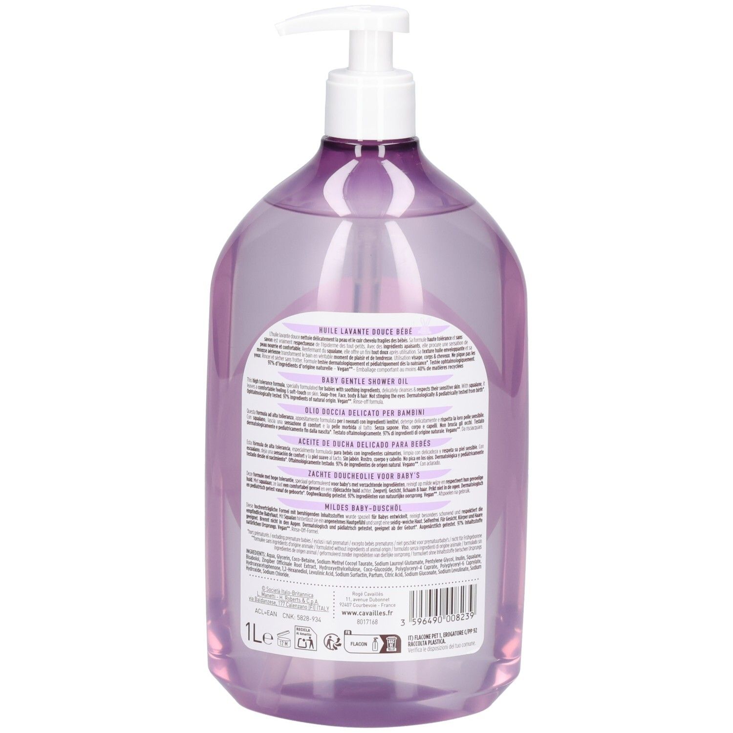 Arrière d'un flacon pompe contenant un liquide violet. Étiquette avec informations produit.