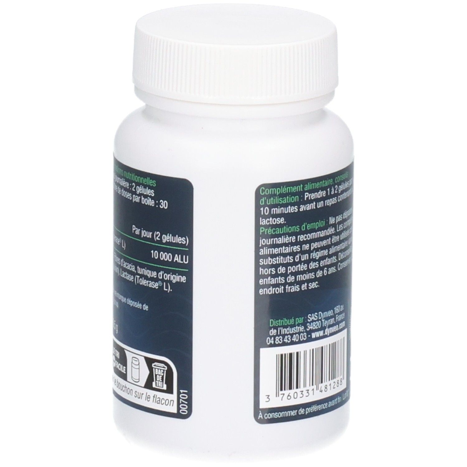 Vue latérale d'un flacon Dynveo Lactase avec informations nutritionnelles détaillées.