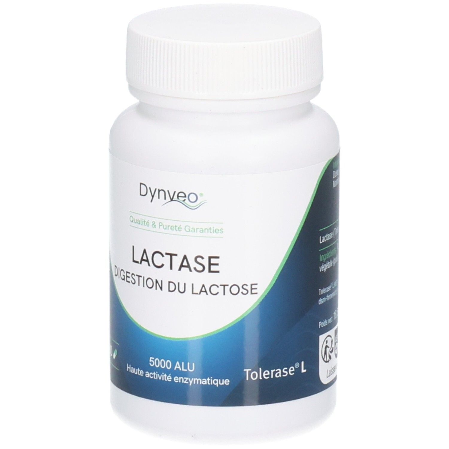 Face avant d'un flacon Dynveo Lactase, focus sur "Lactase 5000 ALU".