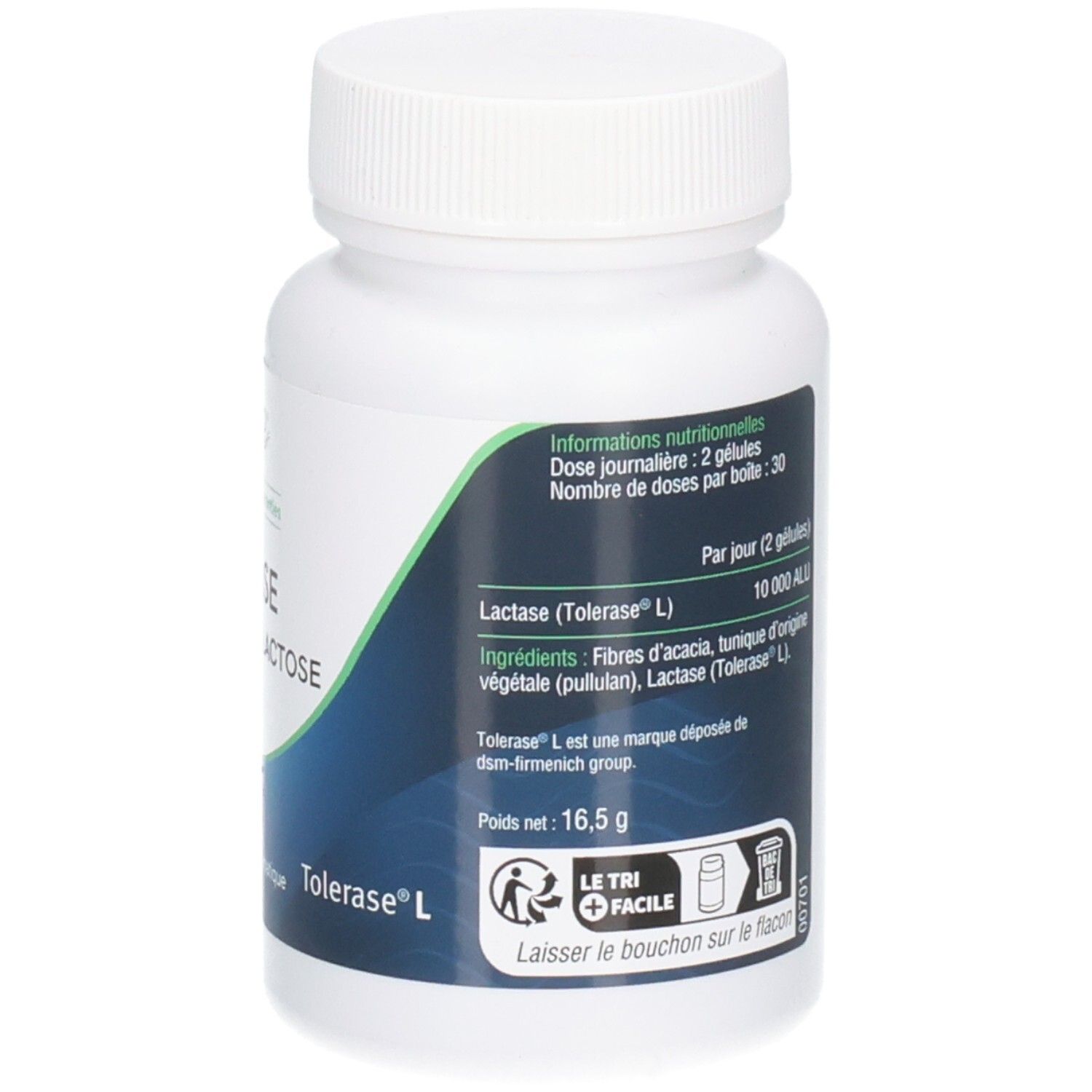 Arrière d'un flacon Dynveo Lactase avec informations nutritionnelles et ingrédients.