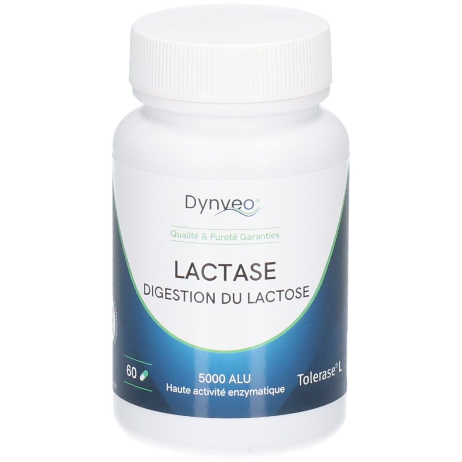 Flacon Dynveo Lactase, vue de face, montrant 60 gélules et 5000 ALU.