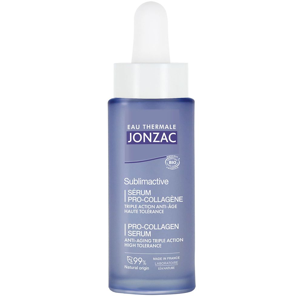 Sérum Pro-Collagène Sublimactive Jonzac dans un flacon en verre violet avec compte-gouttes.