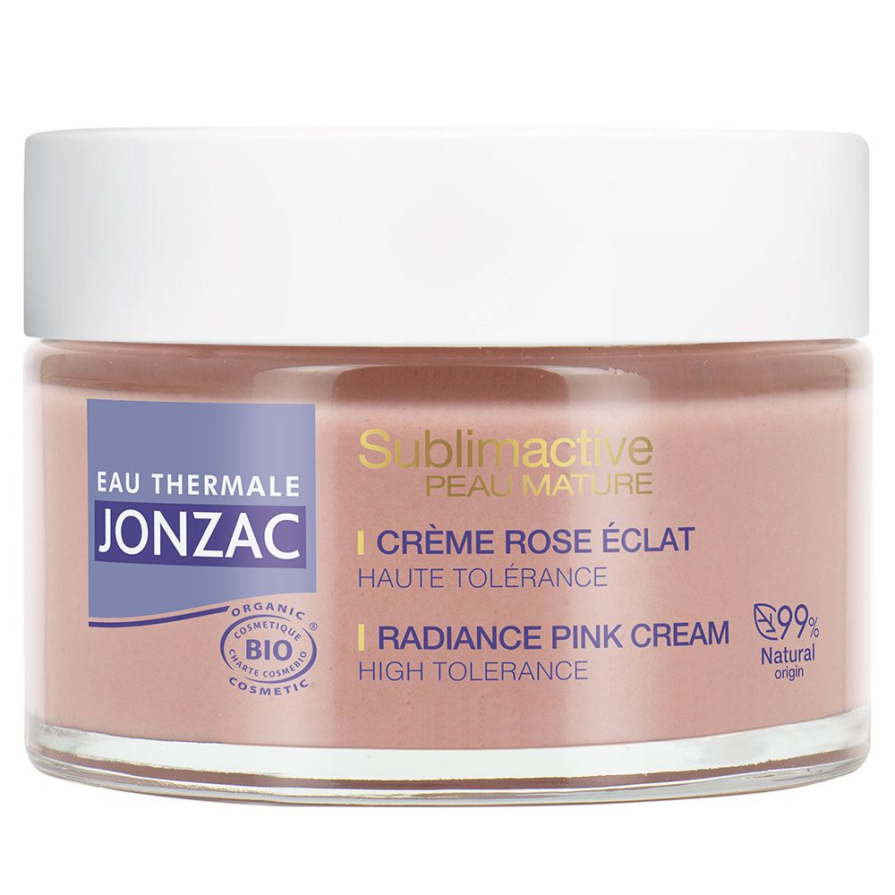 Crème Rose Éclat Jonzac Sublimactive, pot en verre de 50ml avec couvercle blanc.