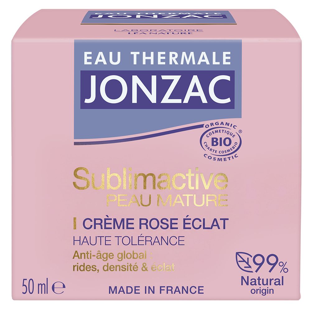 Jonzac Sublimactive Crème Rose Éclat, boîte en carton rose de 50ml avec informations produit.