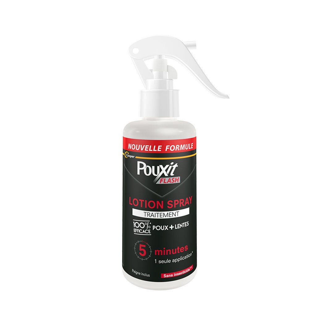 Pouxit Flash Lotion Spray flacon avec pulvérisateur. Nouvelle formule, efficacité 100% en 5 minutes.