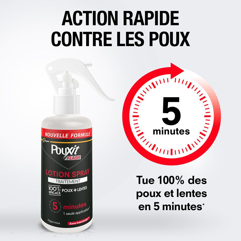 Pouxit Flash Lotion Spray : action rapide en 5 minutes. Tue 100% des poux et des lentes.