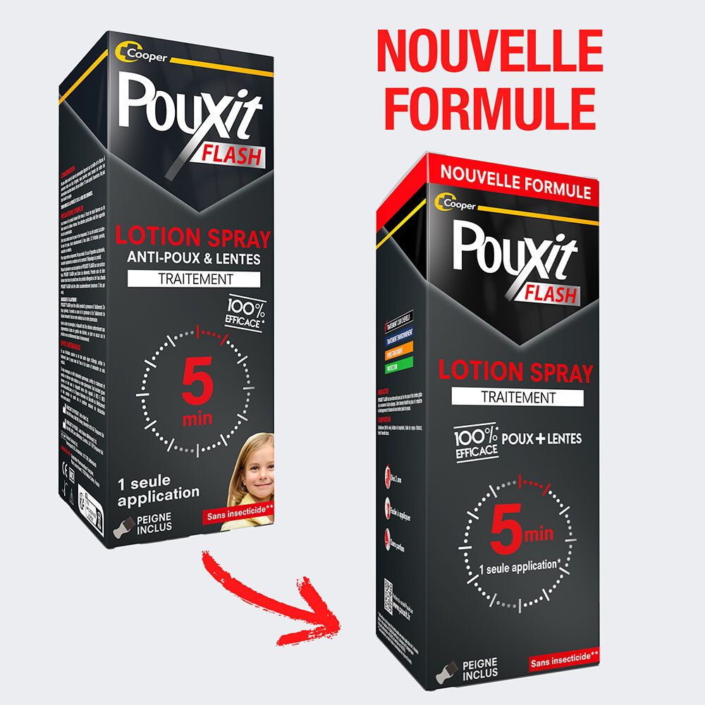 Comparaison des emballages Pouxit Flash Lotion Spray. Nouvelle formule, efficacité 100% en 5 minutes.