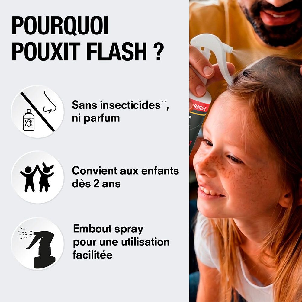 Pouxit Flash : sans insecticides, convient aux enfants dès 2 ans, application facile avec spray.
