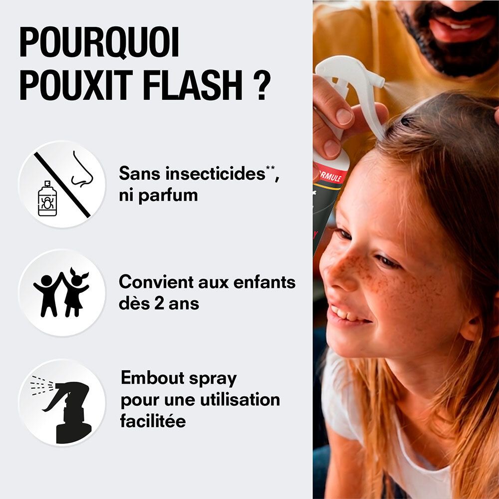 Pouxit Flash : Sans insecticides, ni parfum. Convient aux enfants dès 2 ans. Application facile.