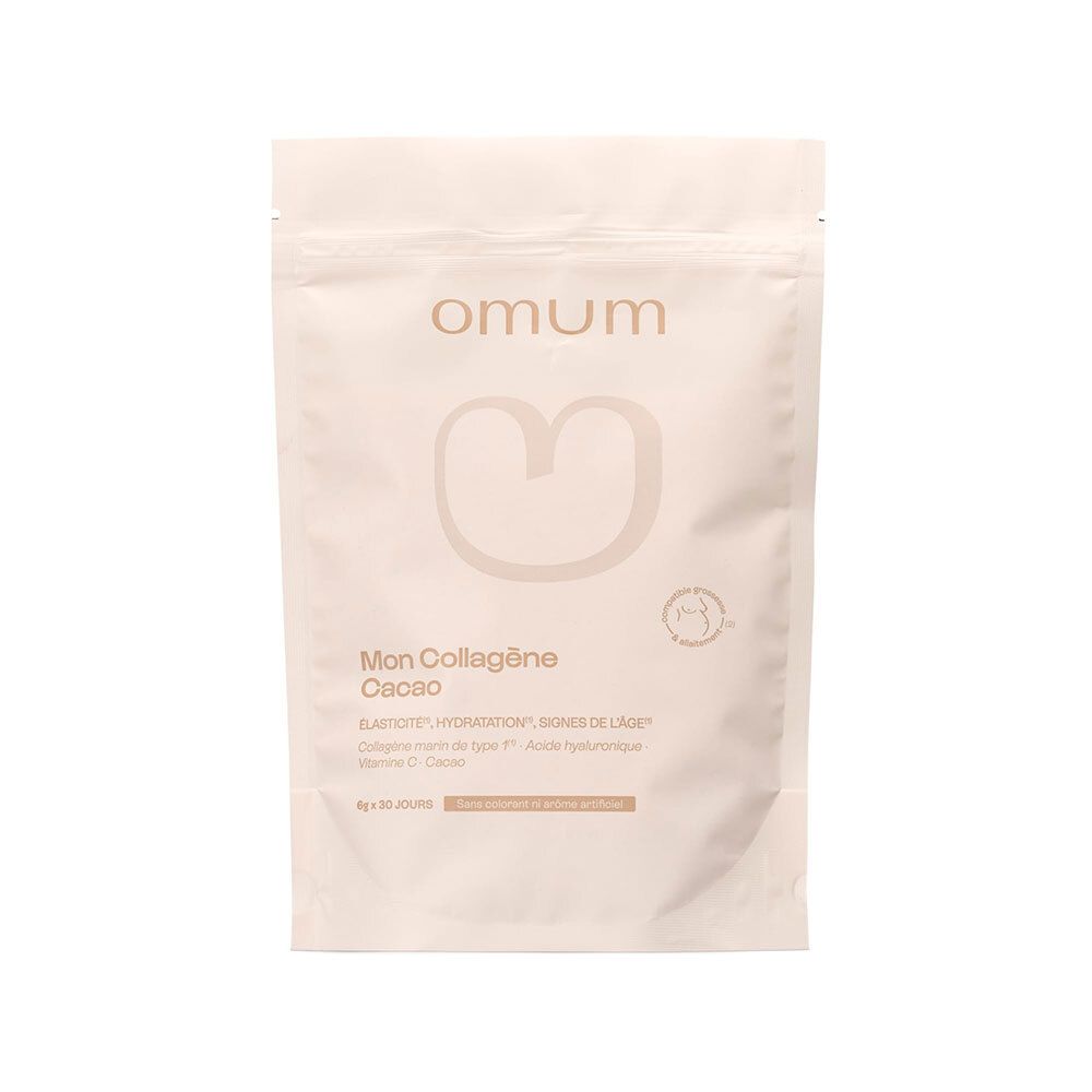 Sachet refermable blanc avec logo Omum et informations produit.