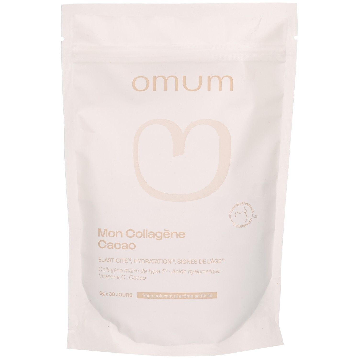 Face avant du sachet Omum Mon Collagène Cacao avec logo et nom du produit.