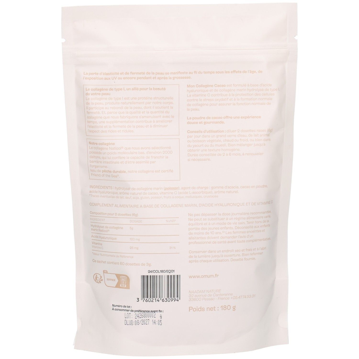 Dos du sachet Omum Mon Collagène Cacao avec tableau nutritionnel et code-barres.