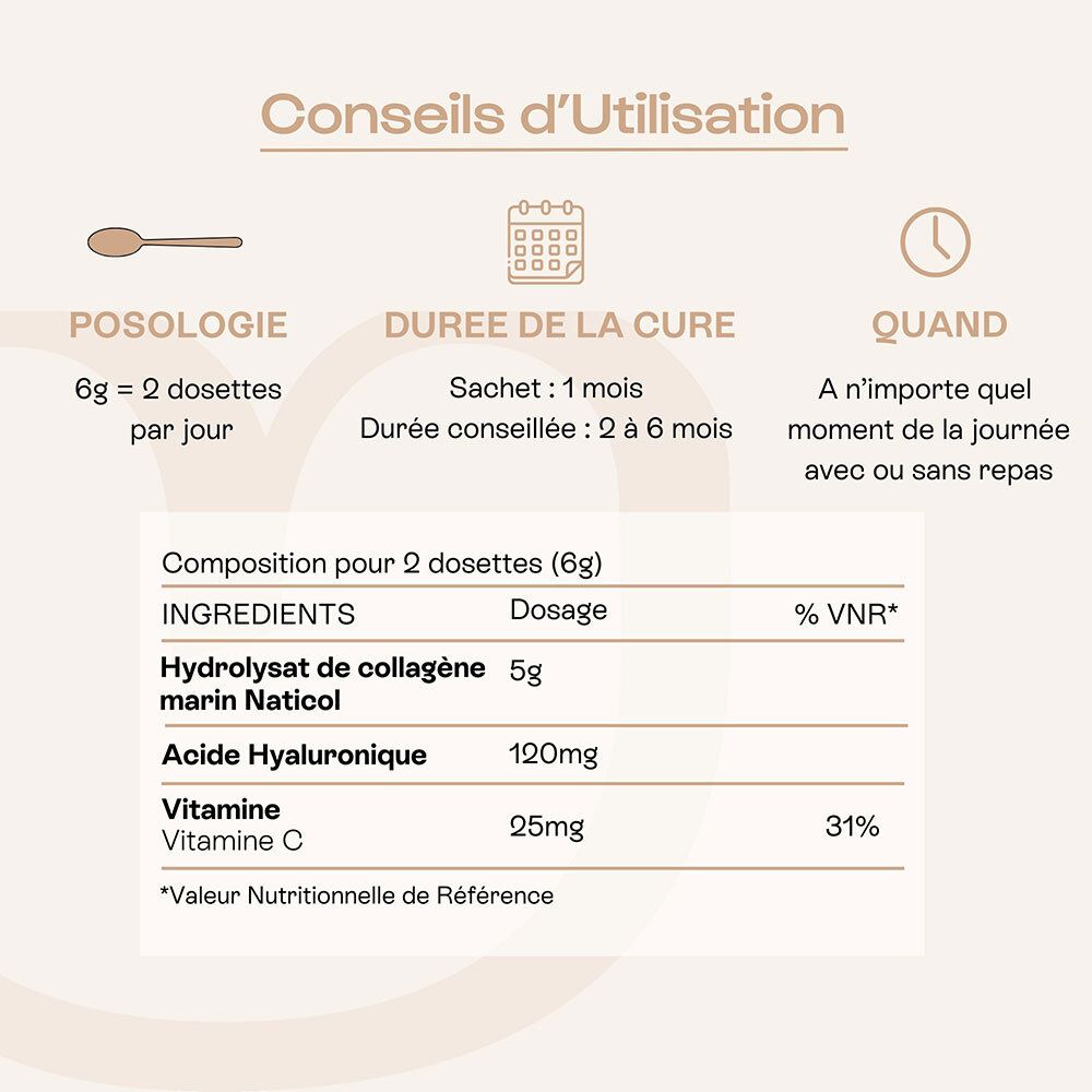 Conseils d'utilisation du collagène Omum : posologie, durée de cure, moment de prise.
