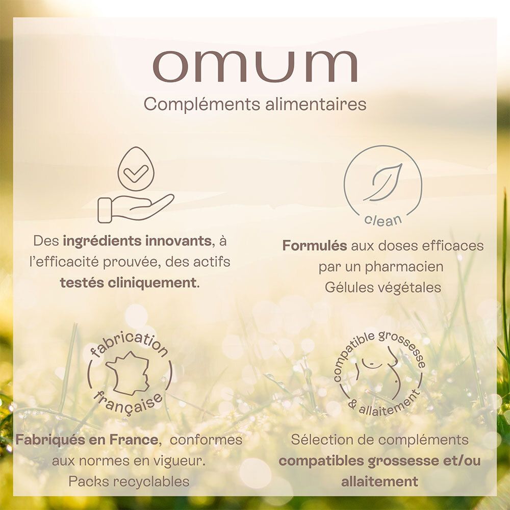 Logo Omum et icônes soulignant les ingrédients innovants, la fabrication française.