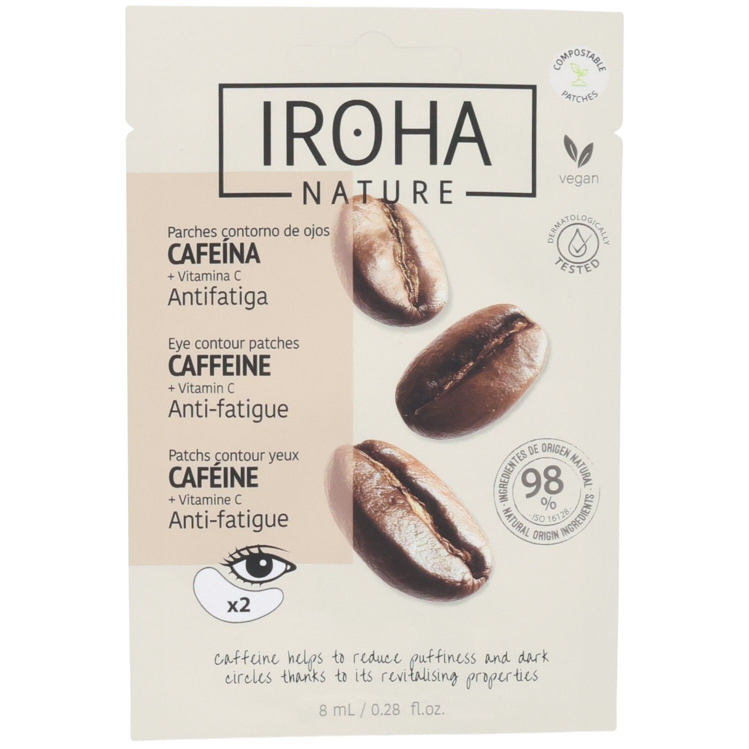 Iroha Nature Patchs contour des yeux à la caféine et vitamine C. Anti-fatigue. Deux patchs.