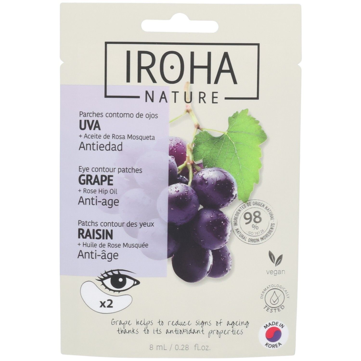 Emballage de patchs oculaires avec motif raisin et texte. Contient 2 patchs.
