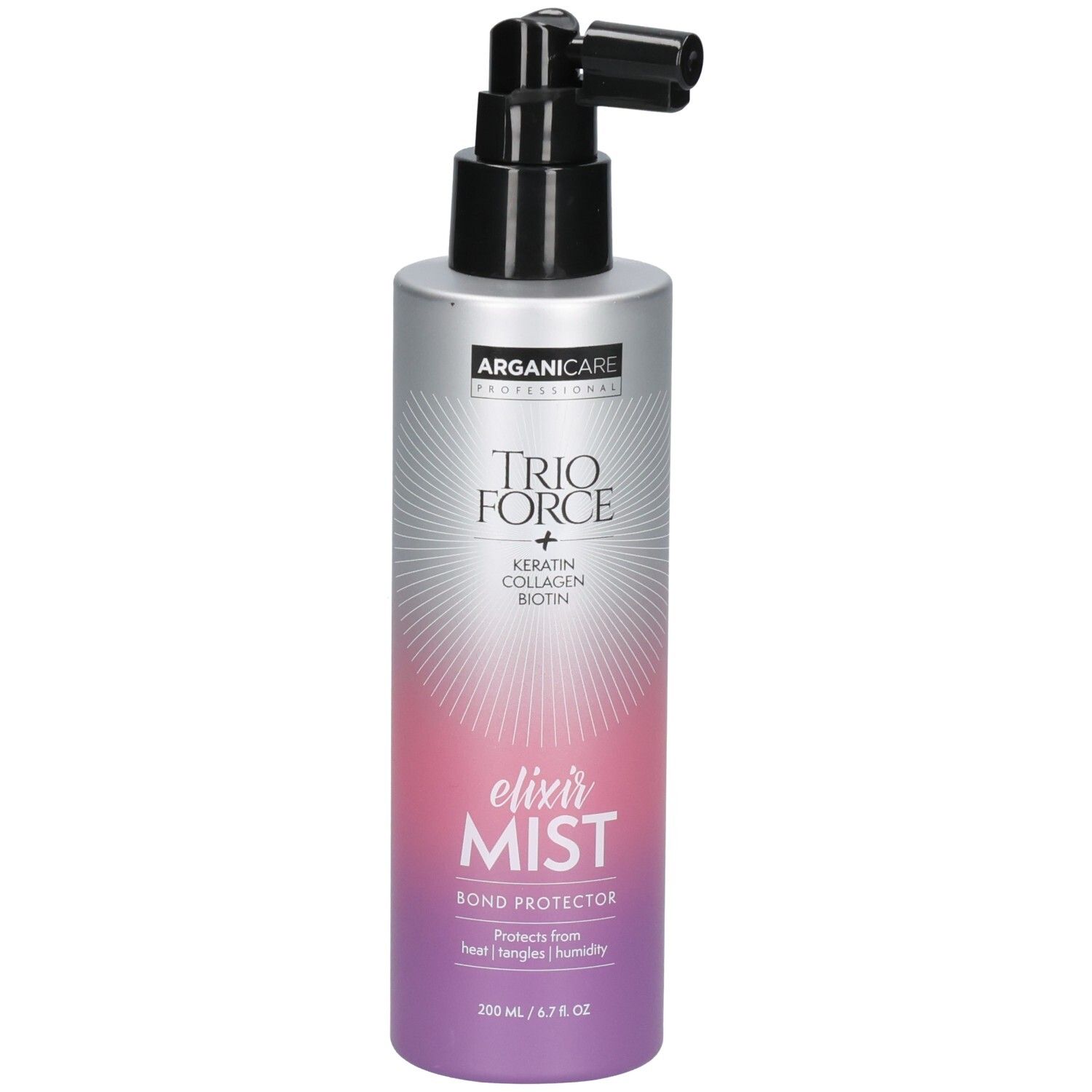 Bouteille Arganicare Trio Force Elixir Mist avec tête de pulvérisation. Contient Kératine, Collagène, Biotine.