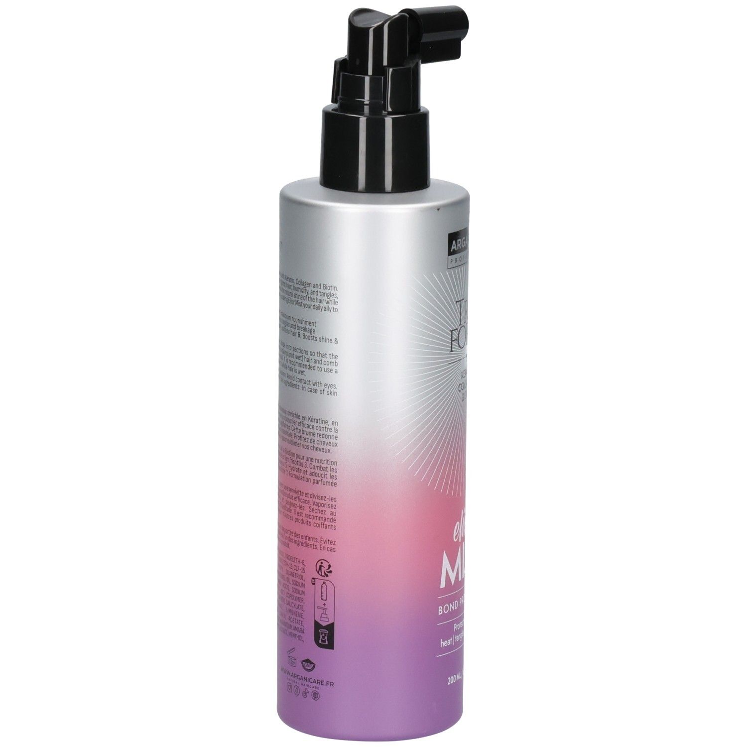Arrière de la bouteille Arganicare Trio Force Elixir Mist avec instructions d'utilisation et ingrédients.