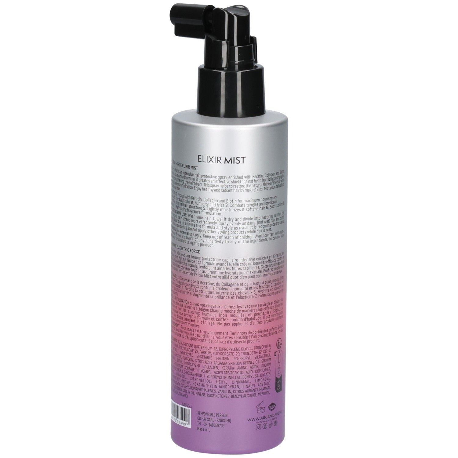 Arrière de la bouteille Arganicare Trio Force Elixir Mist avec instructions d'utilisation détaillées et ingrédients.