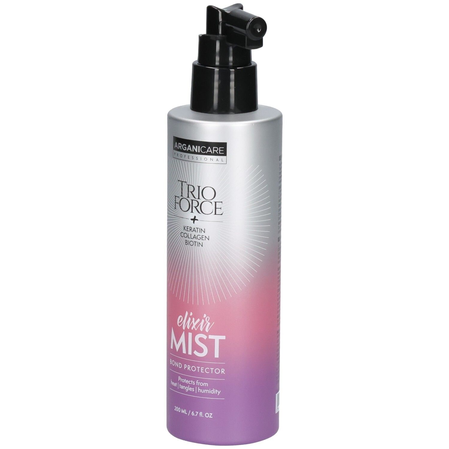Bouteille Arganicare Trio Force Elixir Mist avec tête de pulvérisation. Contient Kératine, Collagène, Biotine.