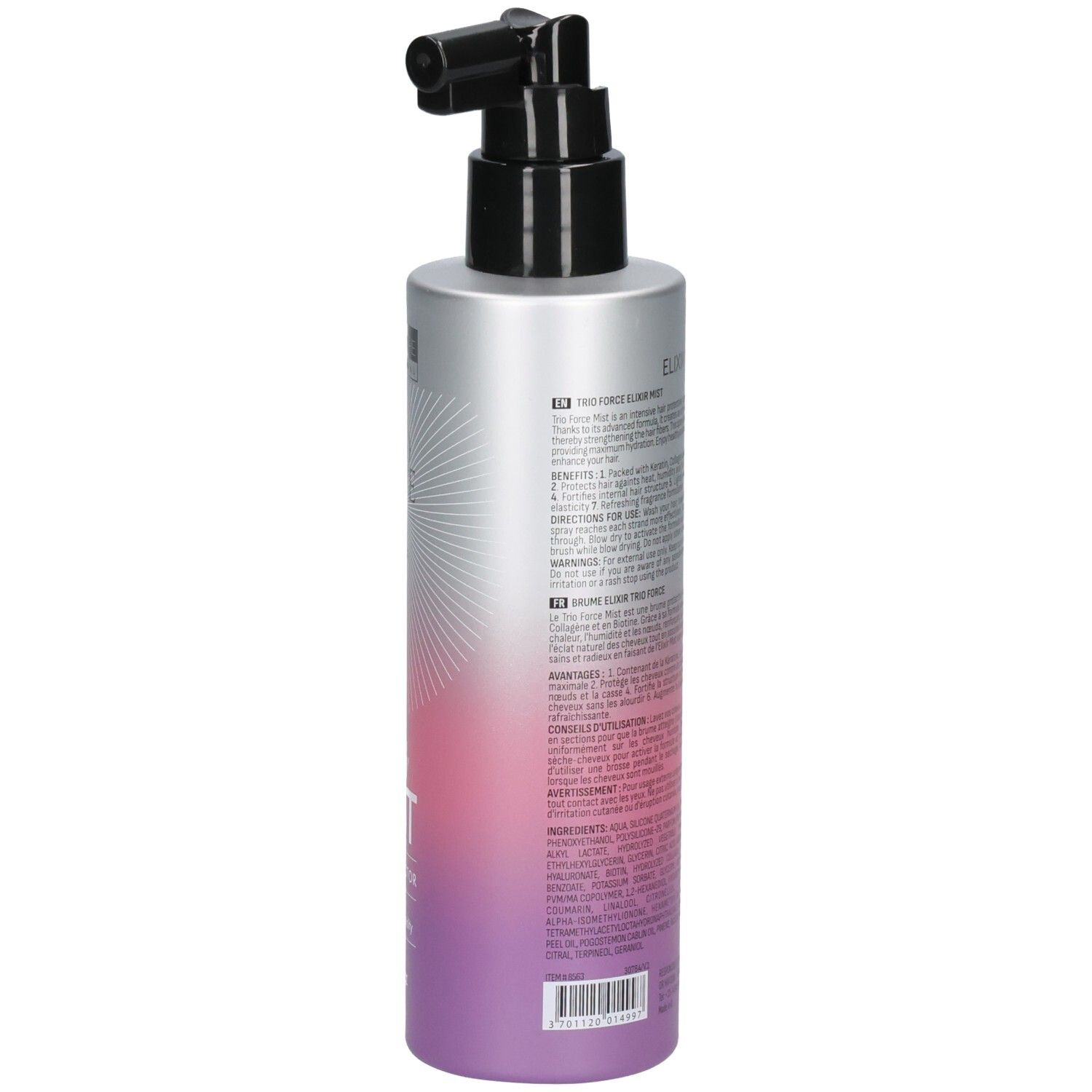 Arrière de la bouteille Arganicare Trio Force Elixir Mist avec ingrédients et instructions d'utilisation.