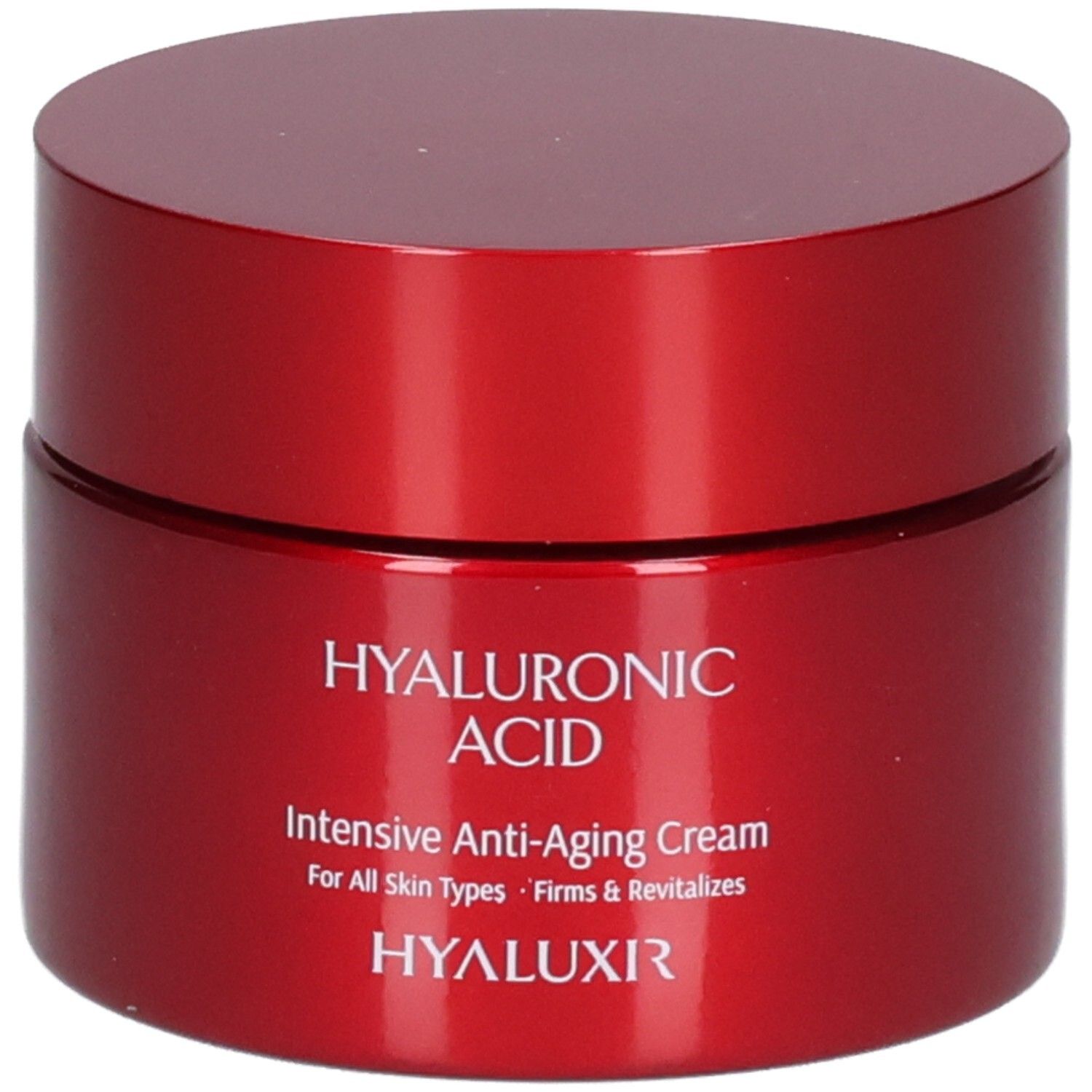 Pot rouge Acide Hyaluronique Crème Anti-Âge Intensive. Texte : Hyaluronic Acid, Intensive Anti-Aging Cream, For All Skin Types, Firms & Revitalizes, HYALUXIR.