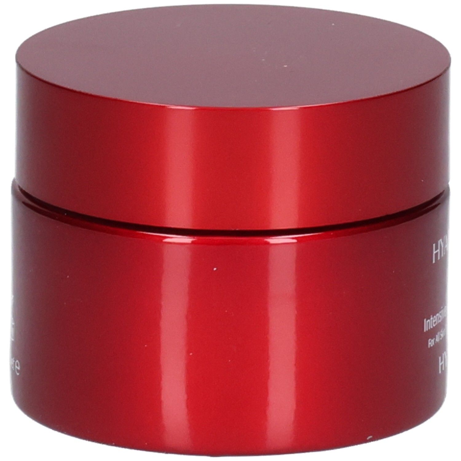 Pot rouge Acide Hyaluronique Crème Anti-Âge Intensive, vue de côté. Texte : HYALUXIR.