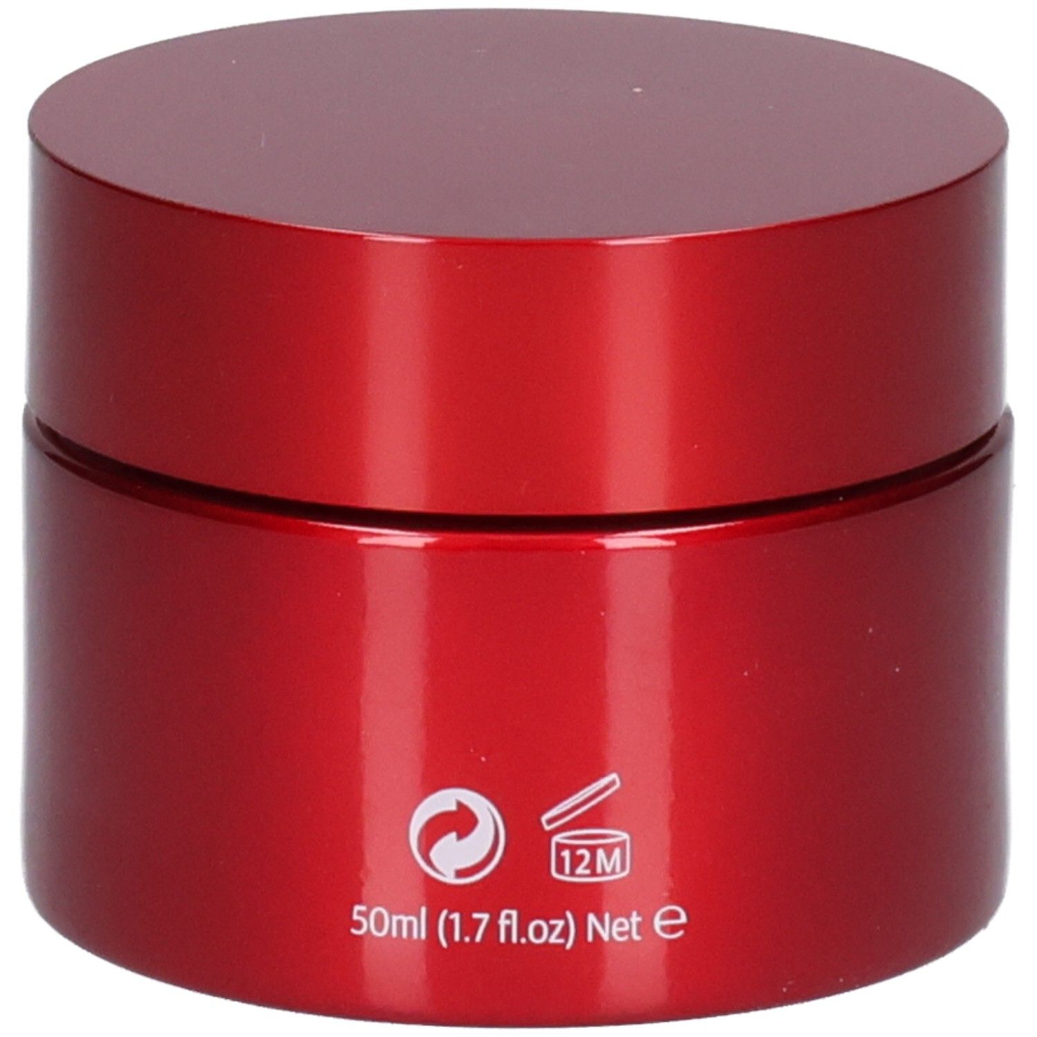 Pot rouge Acide Hyaluronique Crème Anti-Âge Intensive, arrière. Texte : 50ml (1.7 fl.oz) Net e, 12M.