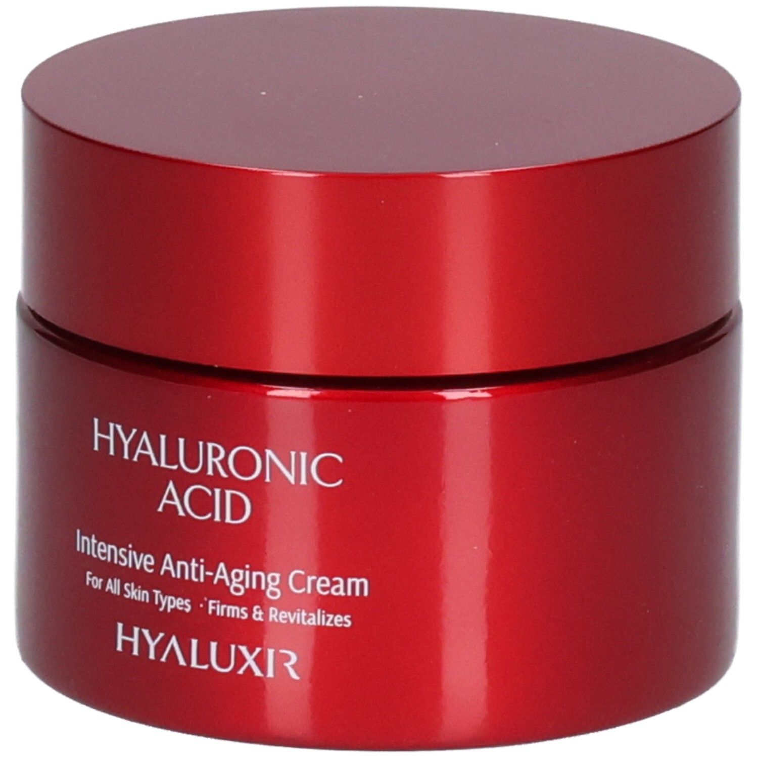 Pot rouge Acide Hyaluronique Crème Anti-Âge Intensive. Texte : Hyaluronic Acid, Intensive Anti-Aging Cream, For All Skin Types, Firms & Revitalizes, HYALUXIR.