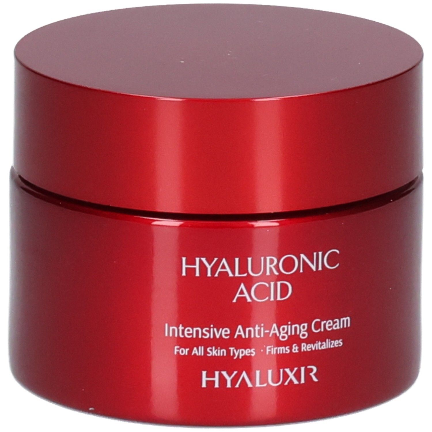 Pot rouge Acide Hyaluronique Crème Anti-Âge Intensive. Texte : Hyaluronic Acid, Intensive Anti-Aging Cream, For All Skin Types, Firms & Revitalizes, HYALUXIR.