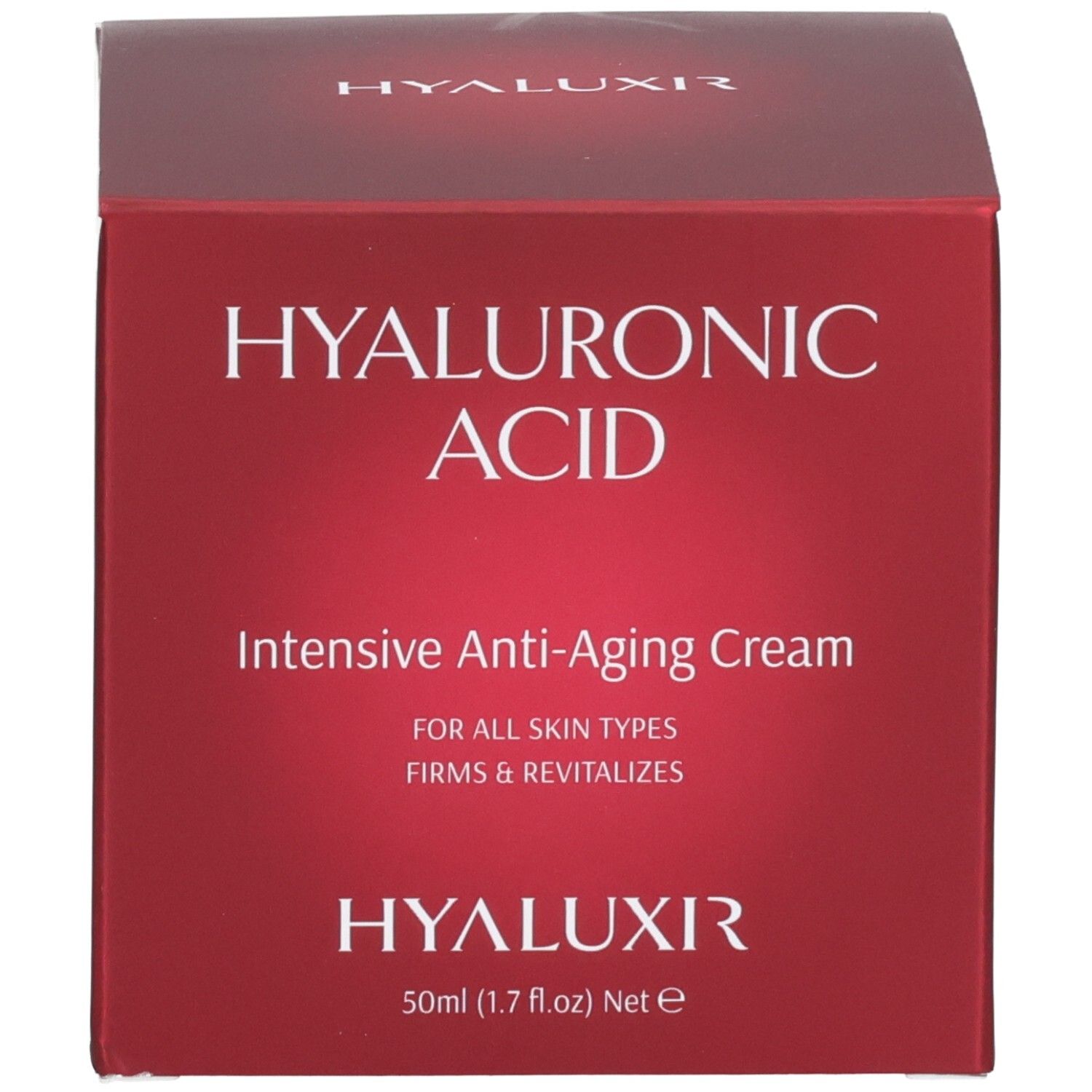 Boîte rouge Acide Hyaluronique Crème Anti-Âge Intensive. Texte : Hyaluronic Acid, Intensive Anti-Aging Cream, For All Skin Types, Firms & Revitalizes, HYALUXIR, 50ml.