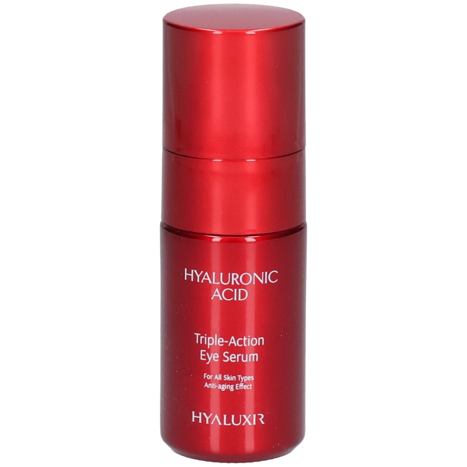 Flacon rouge de soin contour des yeux. Acide hyaluronique, Triple-Action Eye Serum.