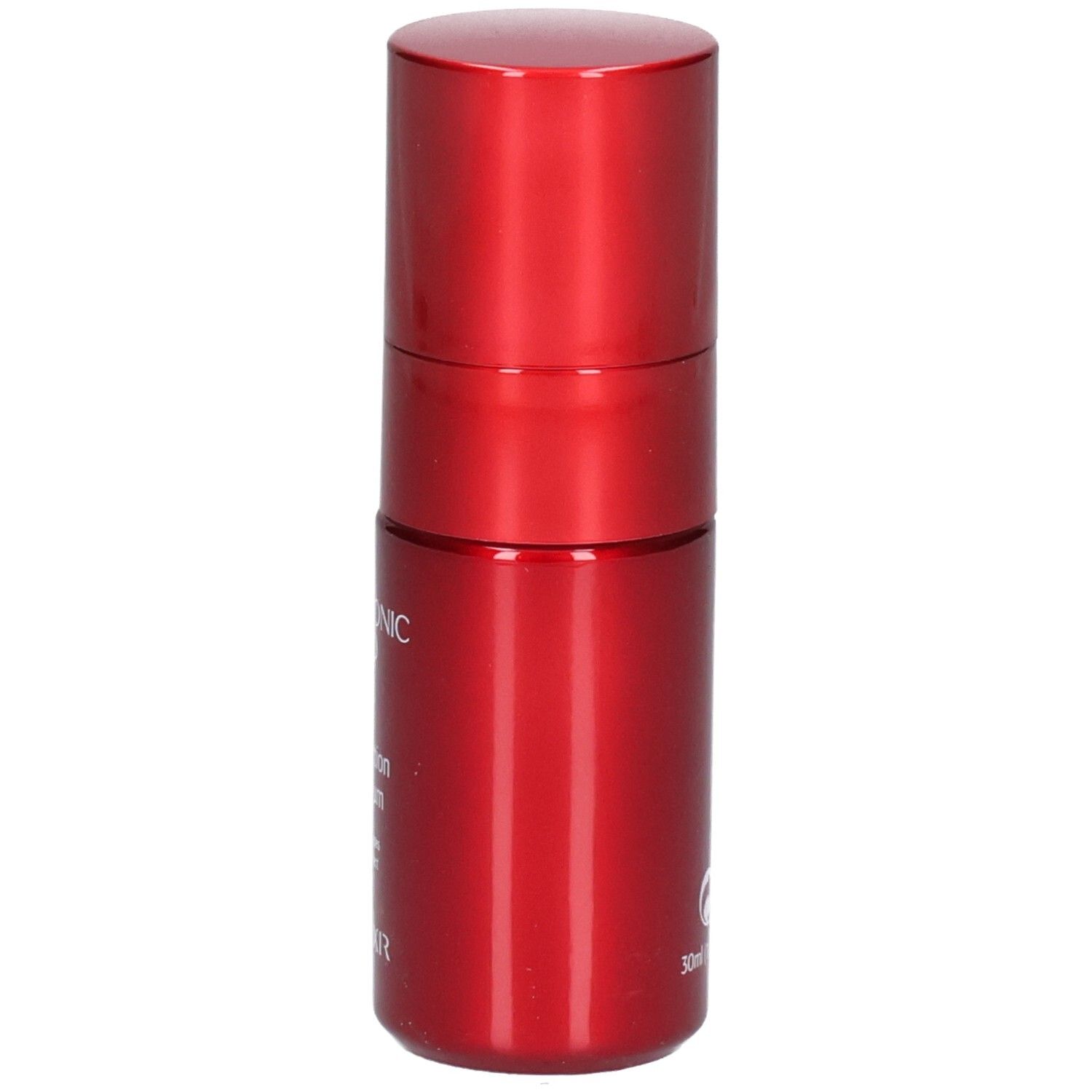 Flacon rouge de soin contour des yeux, vu de côté. Acide hyaluronique.