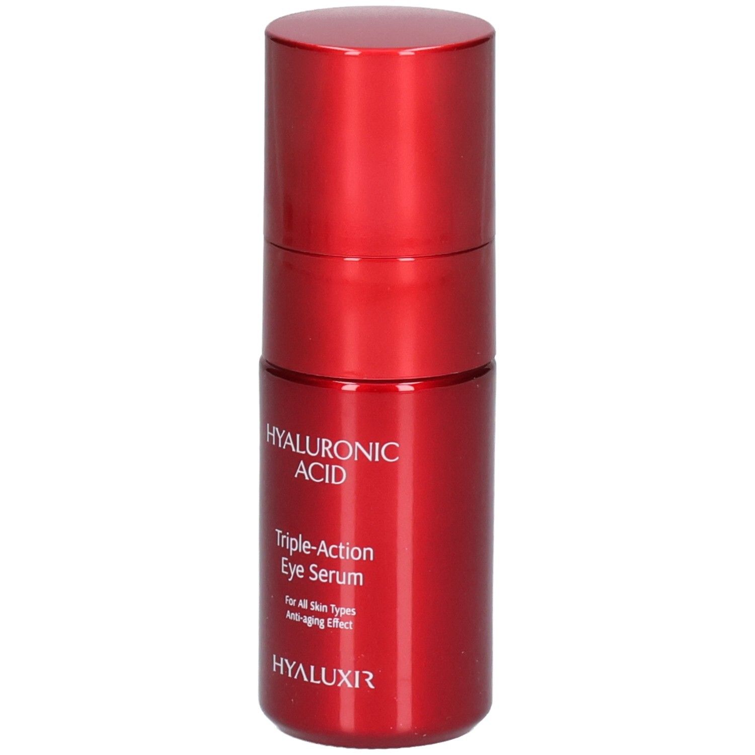 Flacon rouge de soin contour des yeux. Acide hyaluronique, Triple-Action Eye Serum.