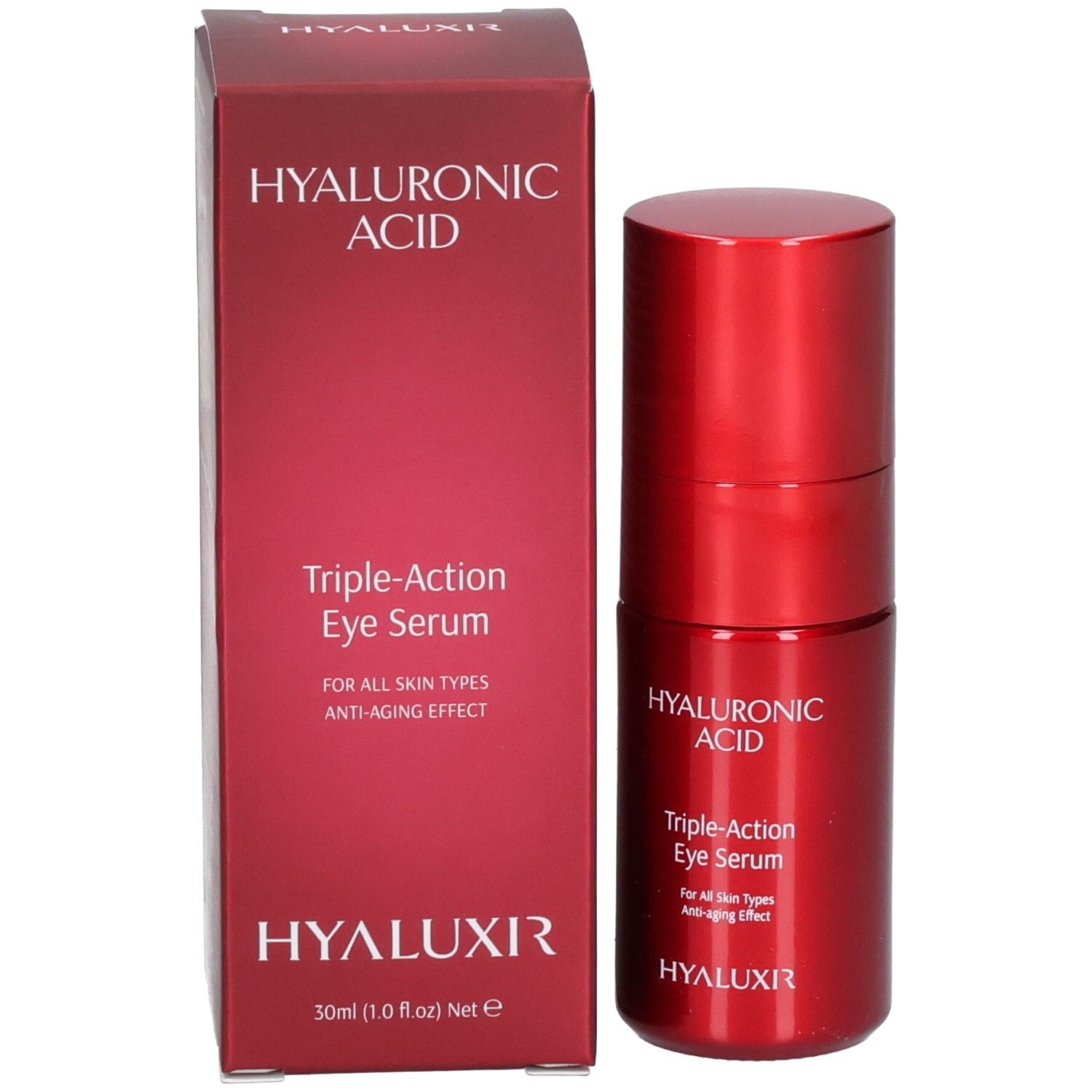 Boîte pliante rouge et flacon de soin contour des yeux. Acide hyaluronique, Triple-Action Eye Serum.