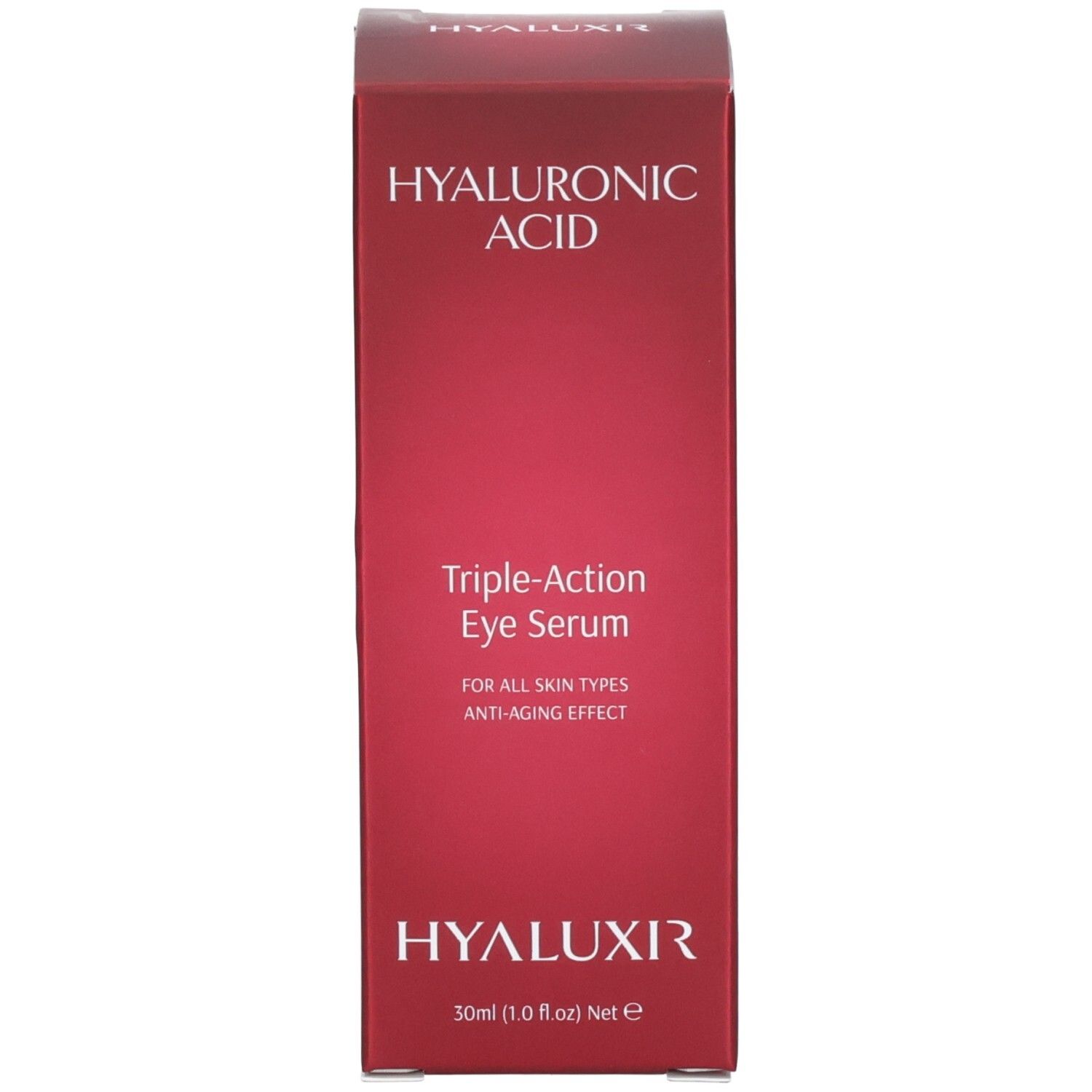 Boîte pliante rouge pour soin contour des yeux. Acide hyaluronique, Triple-Action Eye Serum, 30ml.