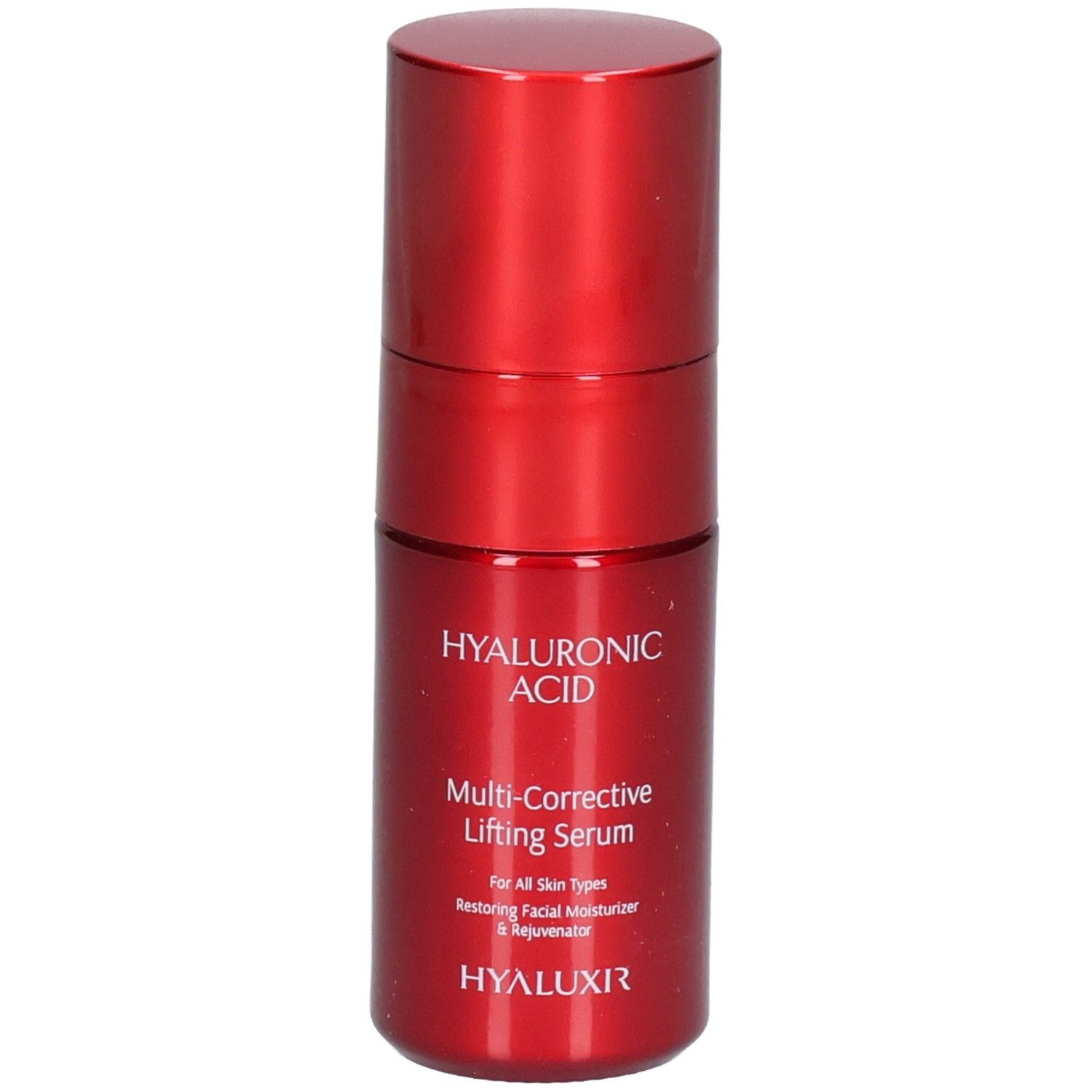 Flacon rouge de sérum lifting à l'acide hyaluronique. Contient 30ml.