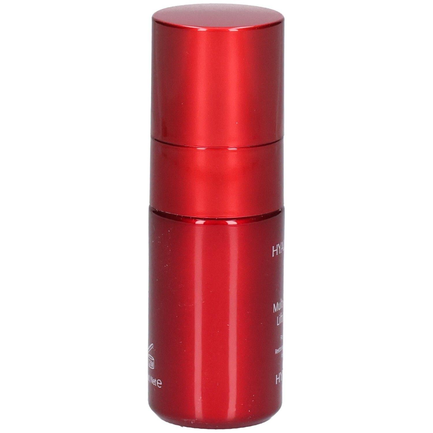 Flacon rouge de sérum lifting à l'acide hyaluronique. Vue latérale.