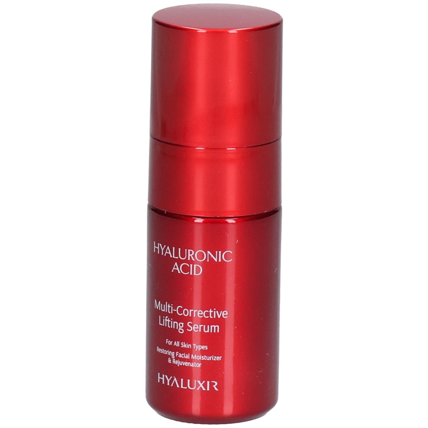 Flacon rouge de sérum lifting à l'acide hyaluronique. Contient 30ml.
