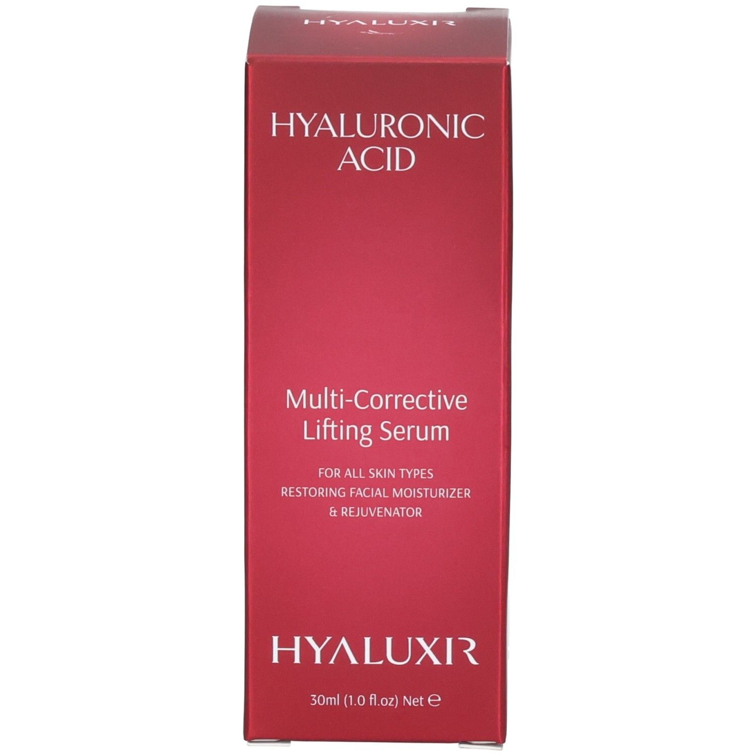 Emballage rouge pour sérum lifting à l'acide hyaluronique. Contient 30ml.