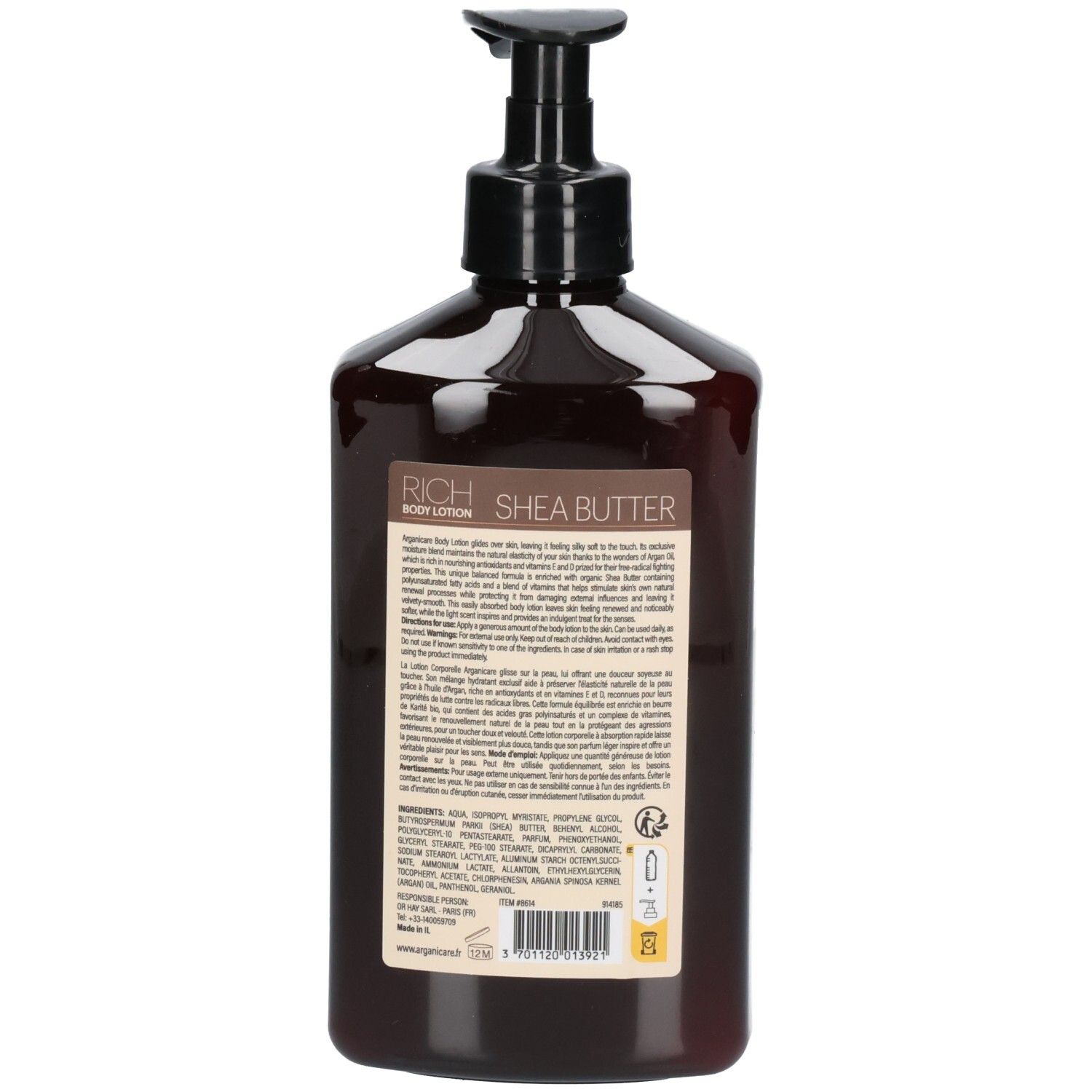 Arganicare Rich Body Lotion au beurre de karité, flacon pompe, liste des ingrédients.