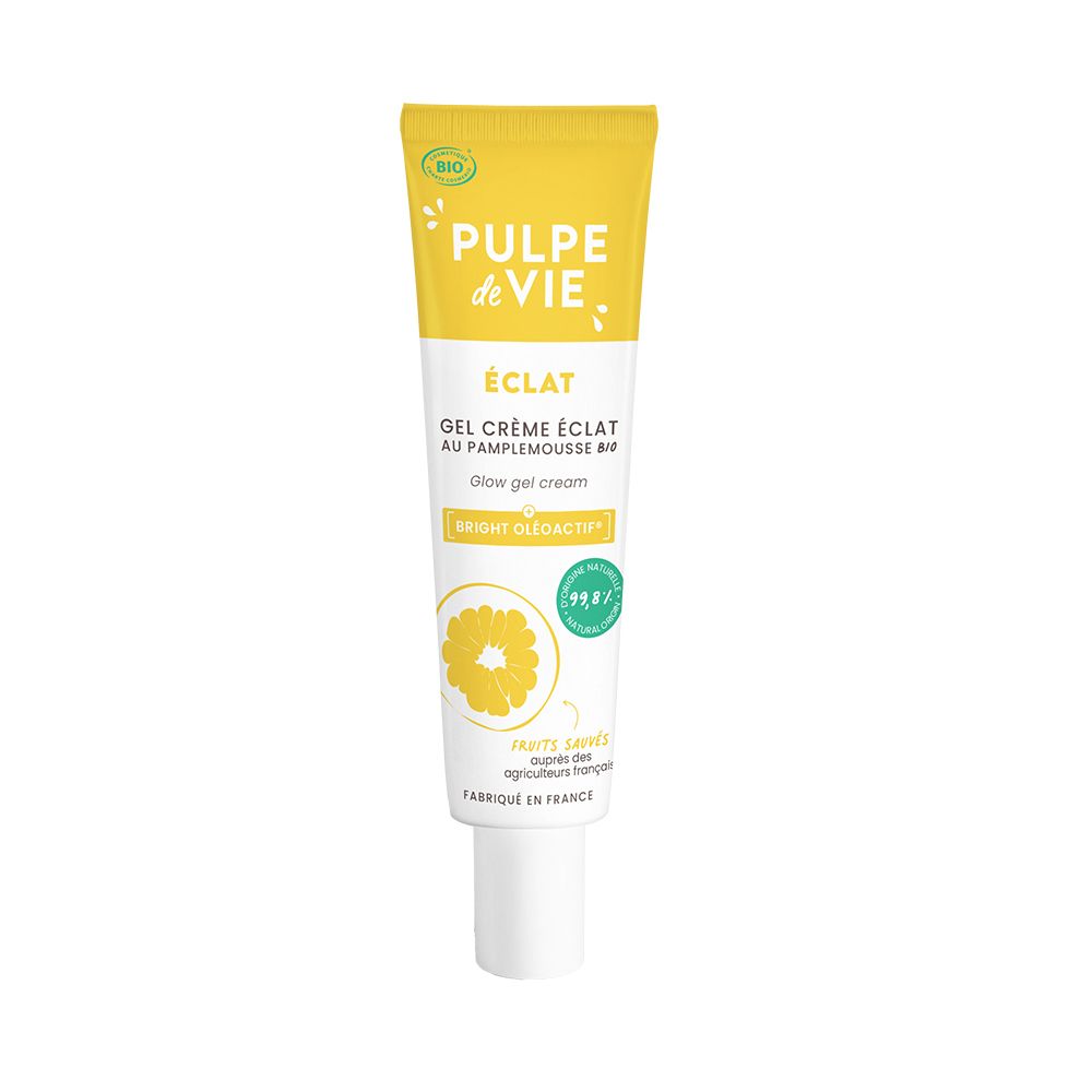 Tube Pulpe de Vie Gel Crème Eclat avec motif pamplemousse et label Bio.
