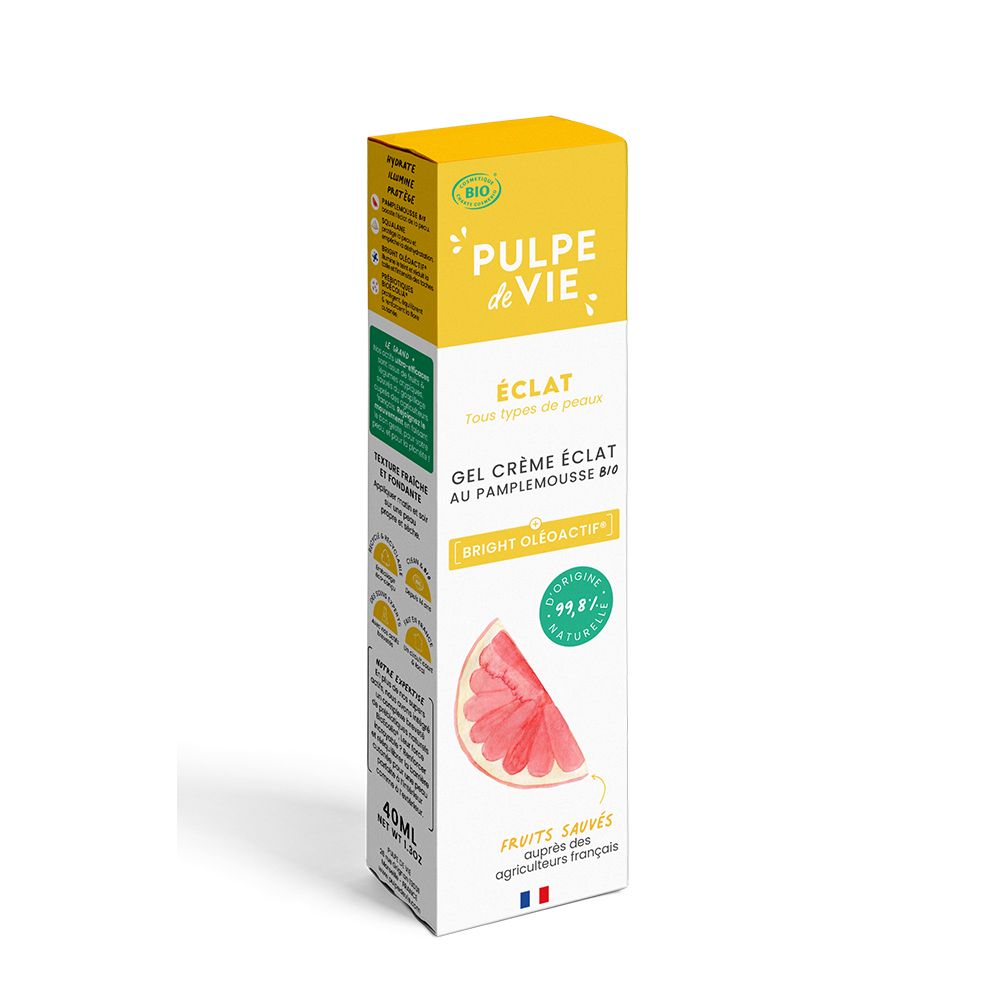 Boîte Pulpe de Vie Gel Crème Eclat avec illustration de pamplemousse et label Bio.