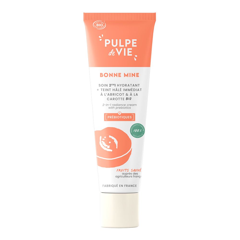 Pulpe de Vie Soin Bonne Mine 2-en-1 hydratant + teint hâlé immédiat à l'abricot et à la carotte bio.