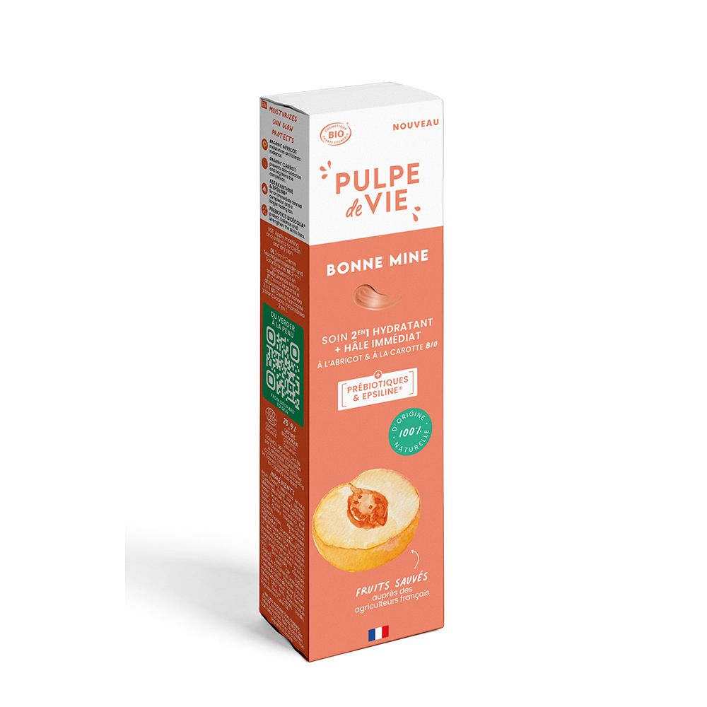 Boîte de Pulpe de Vie Soin Bonne Mine 2-en-1 hydratant + teint hâlé immédiat, abricot et carotte bio.