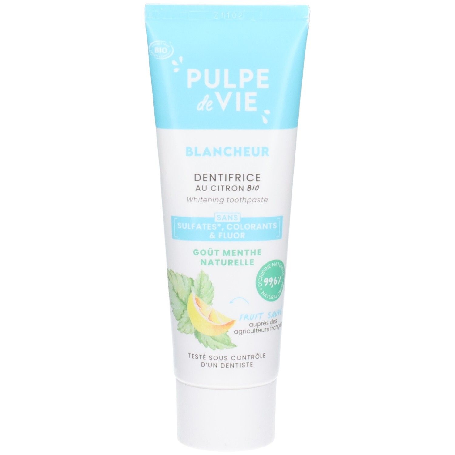 Dentifrice Pulpe de Vie, effet blanchissant, au citron, certifié bio, sans fluor.