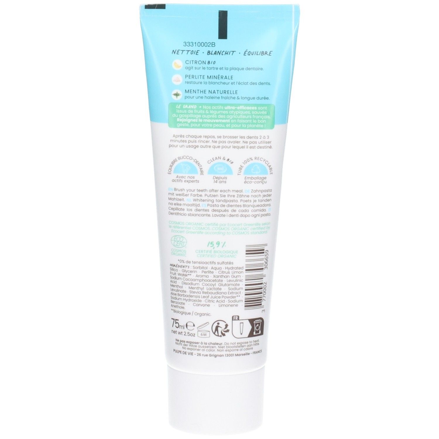 Arrière du dentifrice Pulpe de Vie, effet blanchissant, au citron, certifié bio, sans fluor.