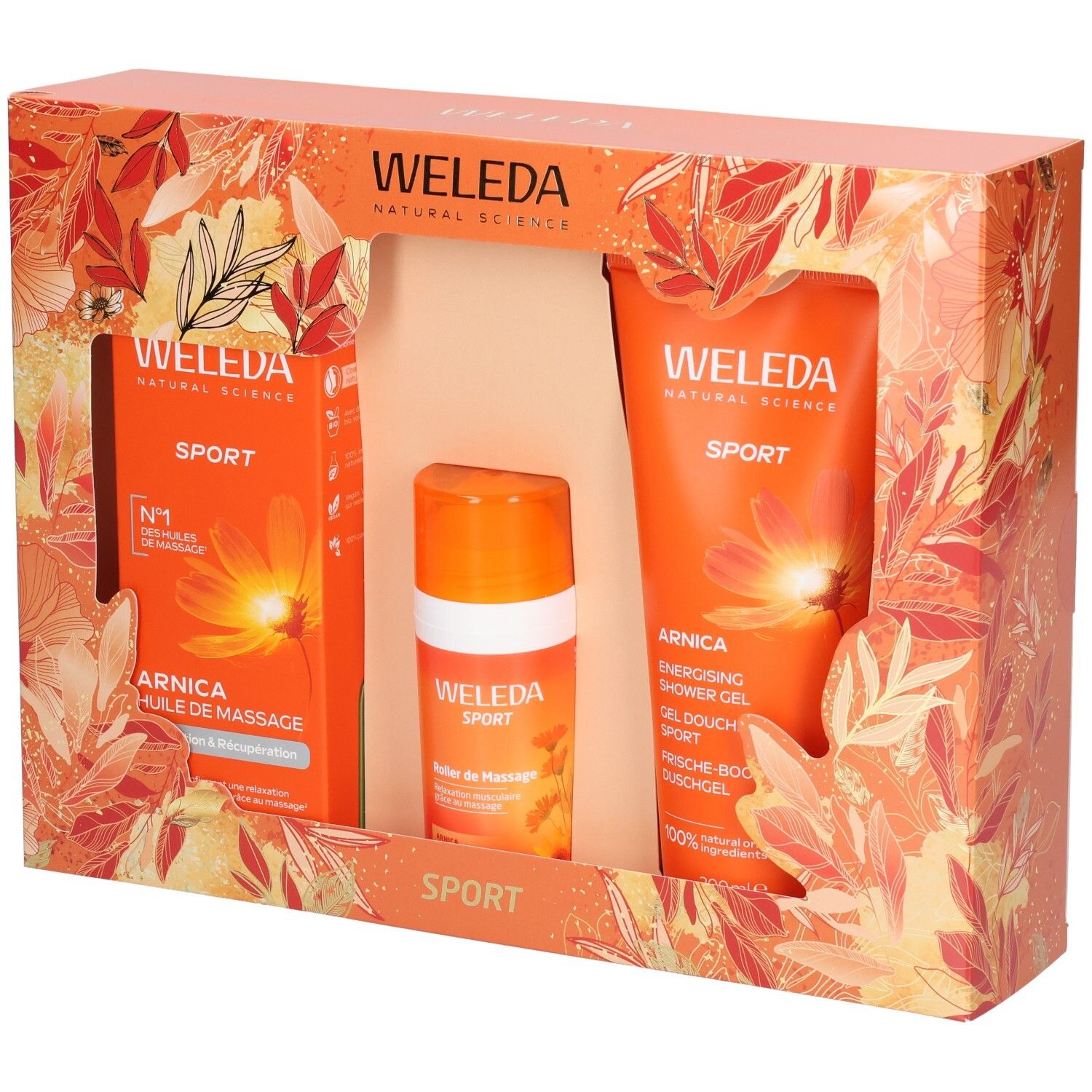 Coffret cadeau WELEDA Sport avec huile Arnica, roller et gel douche dans un emballage orange.